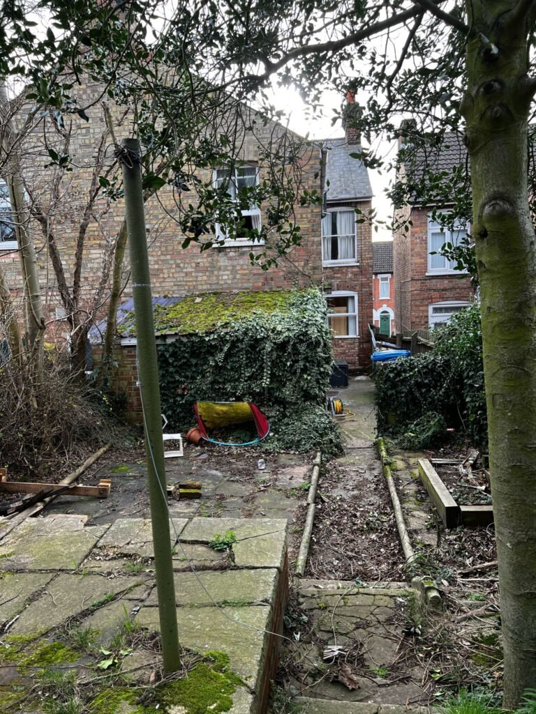 Overgrown rear garden before extension construction in Ipswich
